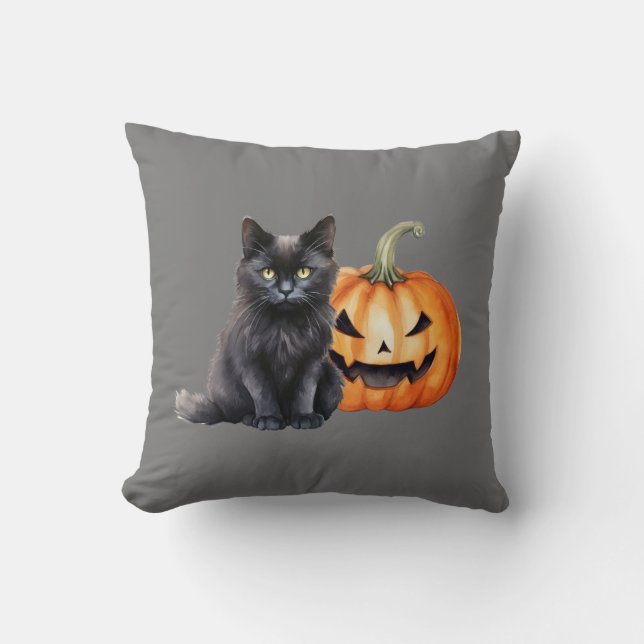 Black Cat & Pompoen Halloween Sierkussen (Voorkant)