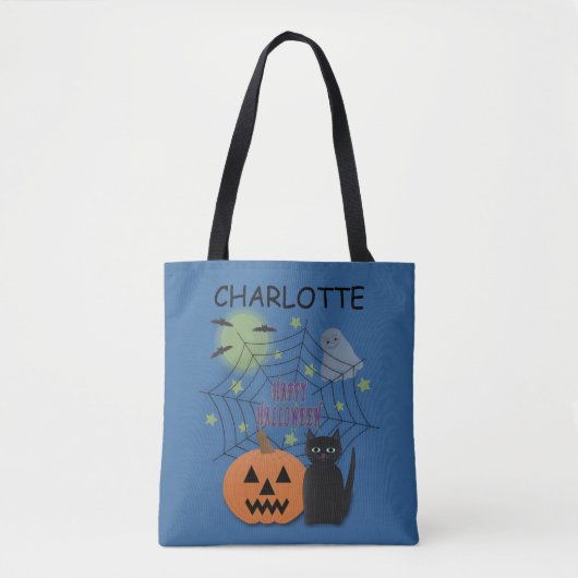 Black Cat & Pompoen Halloween Trick or treat Tote Bag (Voorkant)
