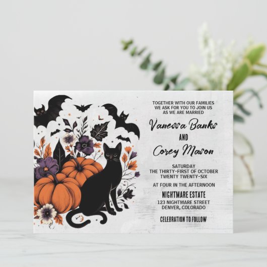 Black Cat pompoenen bruiloft Kaart (Staand voorkant)