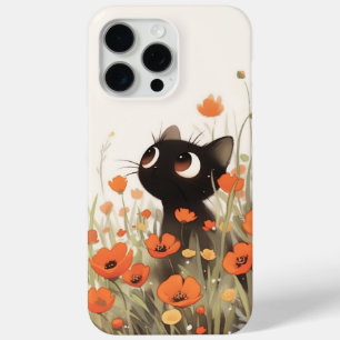 Black Cat Poppy Meadow iPhone 15 Pro Max Hoesje