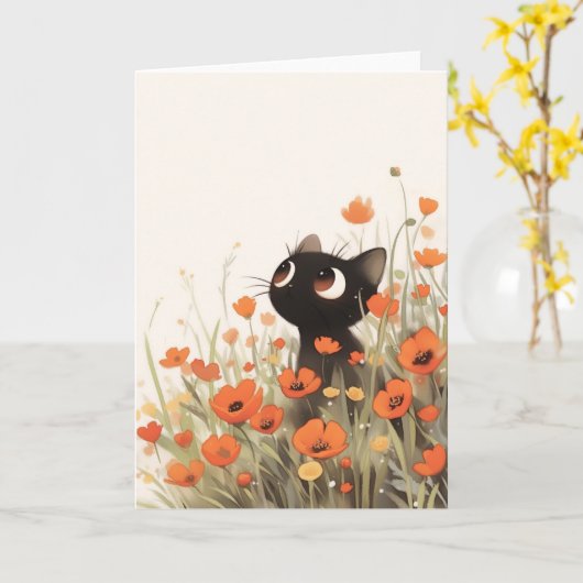 Black Cat Poppy Meadow Kaart (Gele Bloem)