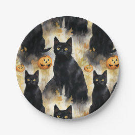 Black Cat Pumpkin Halloween Papieren Bordje