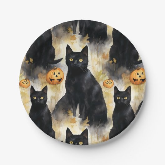 Black Cat Pumpkin Halloween Papieren Bordje (Voorkant)
