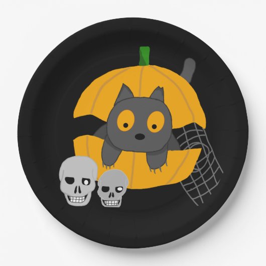 Black Cat Pumpkin Skulls Kinder Halloween Papieren Bordje (Voorkant)