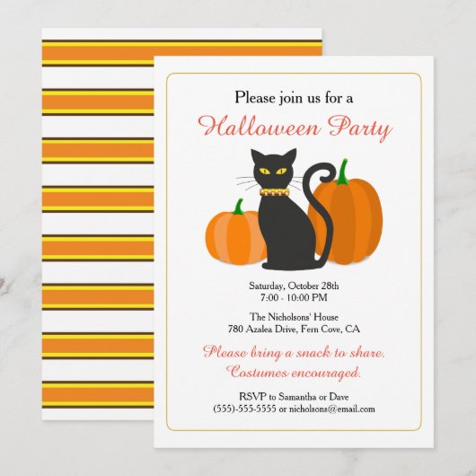 Black Cat & Pumpkins Halloween Party Kaart (Voorkant / Achterkant)