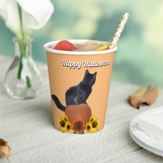  Black Cat Pumpkins Sunflowers Halloween Orange  Papieren Bekers (Insitu)