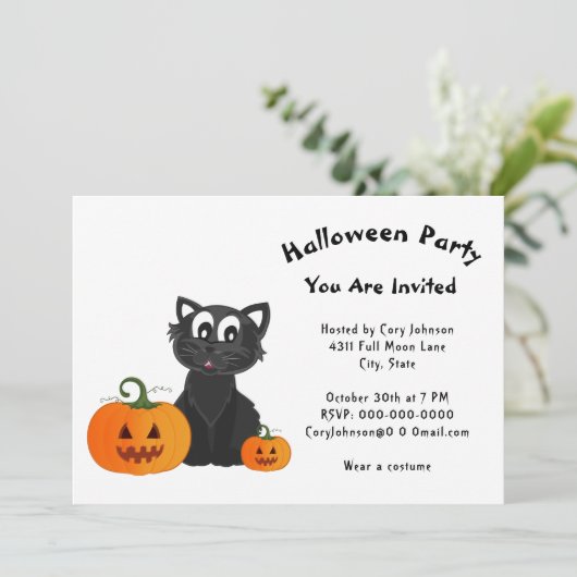 Black Cat Pumpkins White Pattern Halloween Party Kaart (Staand voorkant)
