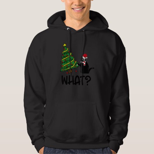 Black Cat Pushing Christmas Tree Over Cat What 2 Hoodie (Voorkant)