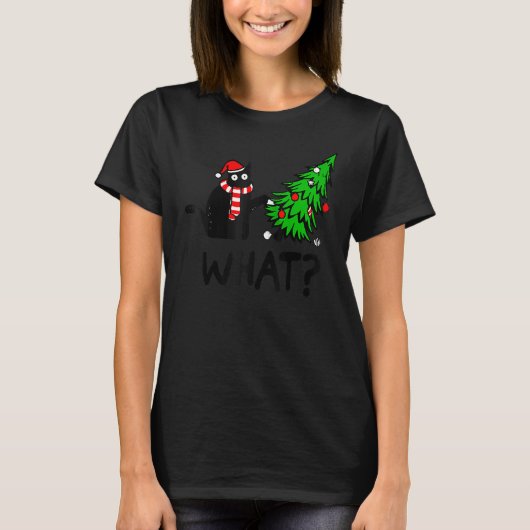 Black Cat  Pushing Christmas Tree Over Cat What 3 T-shirt (Voorkant)