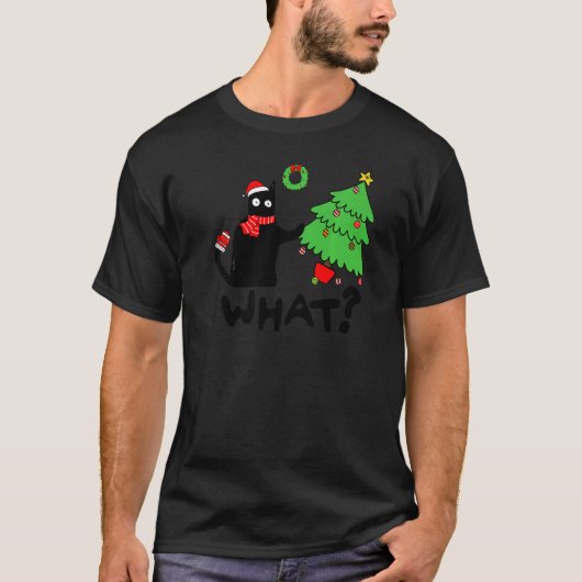 Black Cat Pushing Christmas Tree Over  Cat What T-shirt (Voorkant)
