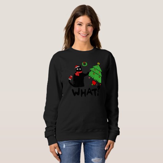 Black Cat Pushing Christmas Tree Over  Cat What Trui (Voorkant volledig)