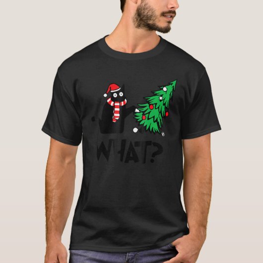 Black Cat Pushing-kerstboom over kat 2 T-shirt (Voorkant)