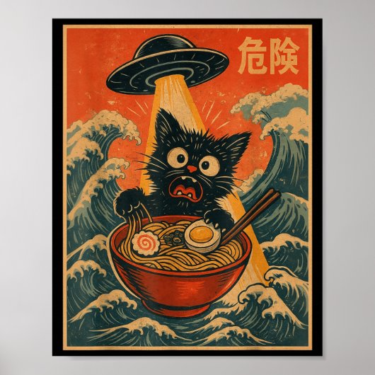 Black Cat Ramen Alien Ufo Funny Japanese Kawaii An Poster (Voorkant)