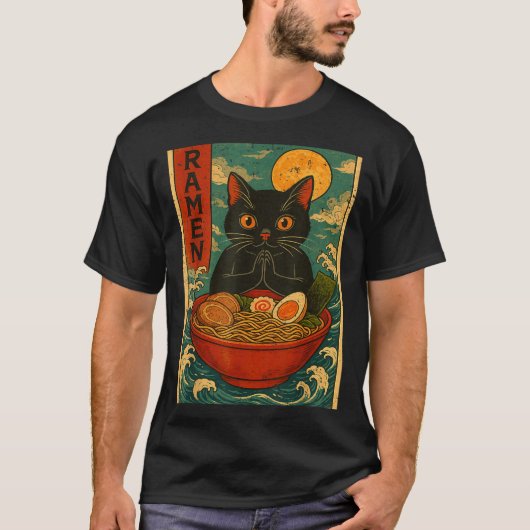 Black Cat Ramen Japanese Graphic Tees For Men Wome (Voorkant)