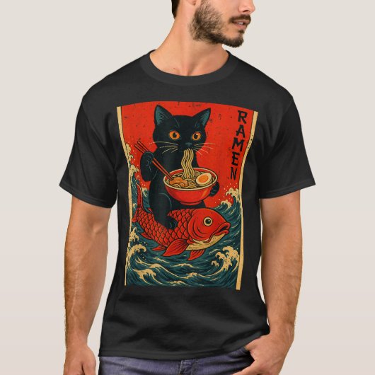Black Cat Ramen Japanese Graphic Tees For Men Wome (Voorkant)