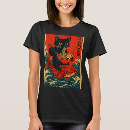 Black Cat Ramen Japanese Graphic Tees For Men Wome (Voorkant)