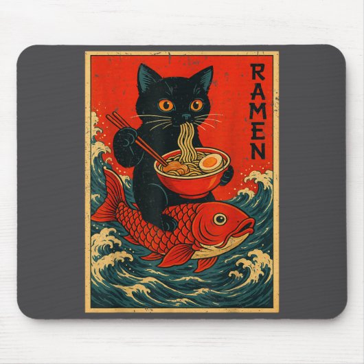 Black Cat Ramen Japanese Graphic Tees For Men Wome Muismat (Voorkant)
