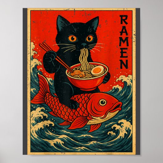 Black Cat Ramen Japanese Graphic Tees For Men Wome Poster (Voorkant)