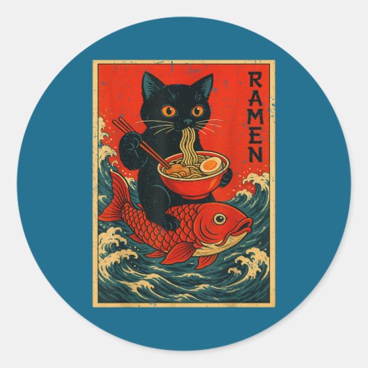 Black Cat Ramen Japanese Graphic Tees For Men Wome Ronde Sticker (Voorkant)