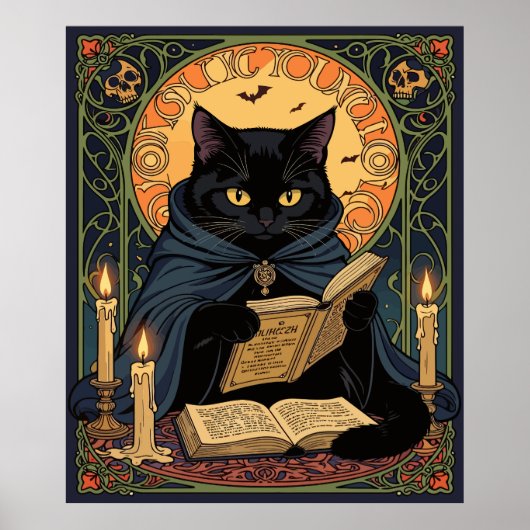Black Cat Reading A Book Of Solstice Spells Poster (Voorkant)