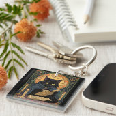Black Cat Reading A Book Of Solstice Spells Sleutelhanger (Voorkant Rechts)