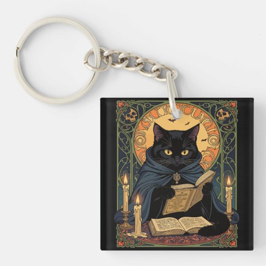 Black Cat Reading A Book Of Solstice Spells Sleutelhanger (voorkant)