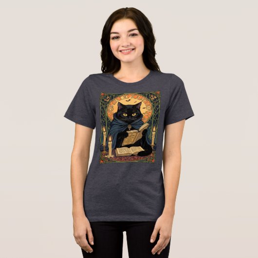 Black Cat Reading A Book Of Solstice Spells Tri-Blend Shirt (Voorkant volledig)