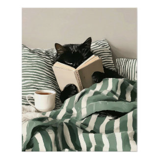 Black Cat reading book in bed Perfect Poster