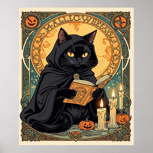 Black Cat Reading The Jack o lantern Journal Poster (Voorkant)