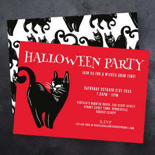 Black Cat Red Halloween Party uitnodiging