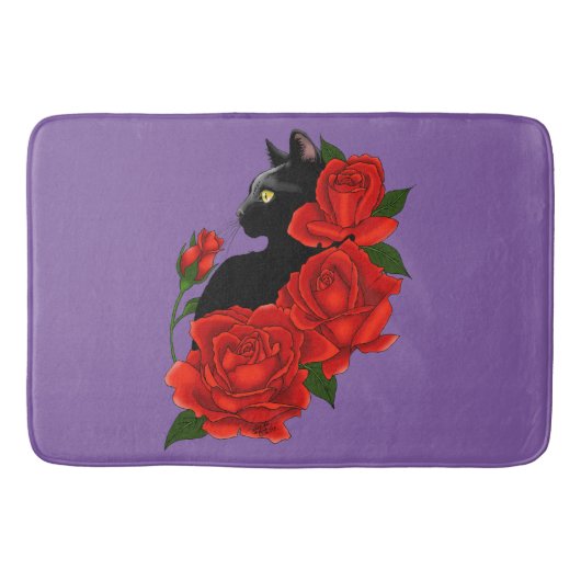 Black Cat Red Roses Paarse Badmat (Voorkant)