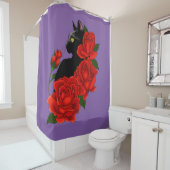 Black Cat Red Roses Paarse Douchegordijn (In situ)