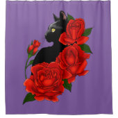 Black Cat Red Roses Paarse Douchegordijn (Voorkant)