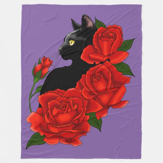Black Cat Red Roses Paarse Fleece Deken (Voorkant)