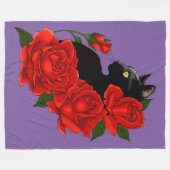 Black Cat Red Roses Paarse Fleece Deken (Voorkant (Horizontaal))