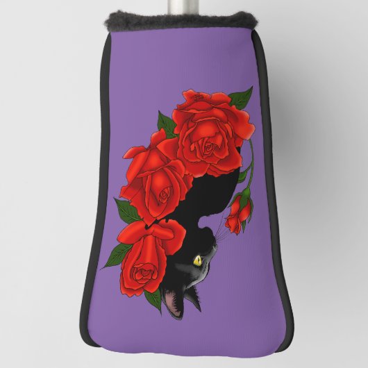 Black Cat Red Roses Paarse Golfheadcover (Draai 90)