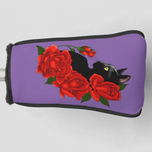 Black Cat Red Roses Paarse Golfheadcover (Voorkant)