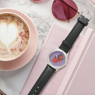 Black Cat Red Roses Paarse Horloge