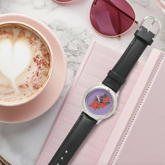 Black Cat Red Roses Paarse Horloge (Creator heeft geüpload)