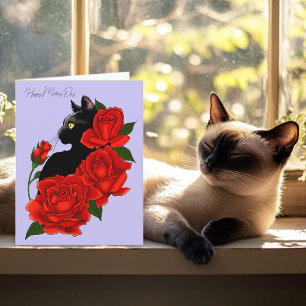 Black Cat Red Roses Paarse Moederdag Kaart