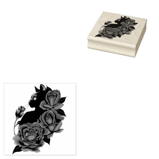 Black Cat Red Roses Paarse Rubberstempel (Gestempeld)