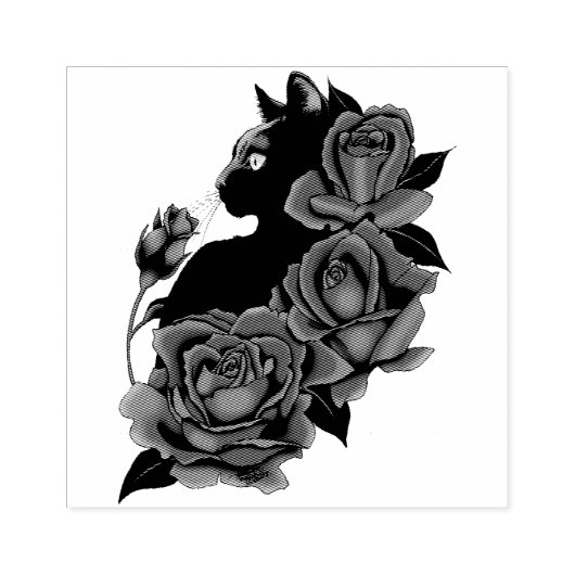 Black Cat Red Roses Paarse Rubberstempel (Afrduk)