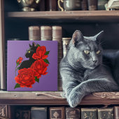 Black Cat Red Roses Paarse Tegeltje