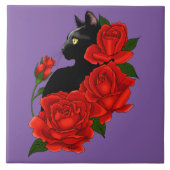 Black Cat Red Roses Paarse Tegeltje (Voorkant)
