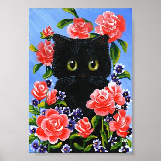 Black Cat Red Roses Summer Creationarts Poster (Voorkant)