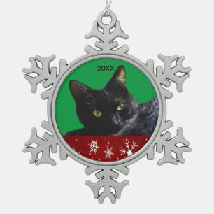 Black Cat Red White Snowflakes 20XX Kerstmis Tin Sneeuwvlok Ornament