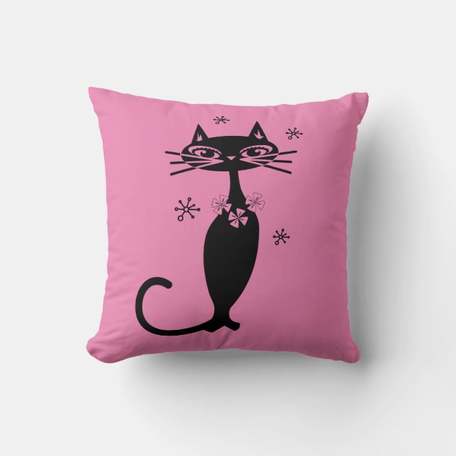BLACK CAT RETRO THROW PINK PILLOW KUSSEN (Voorkant)