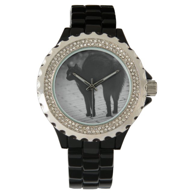Black Cat Rhinestone Womens Black Wrist Watch Horloge (Voorkant)
