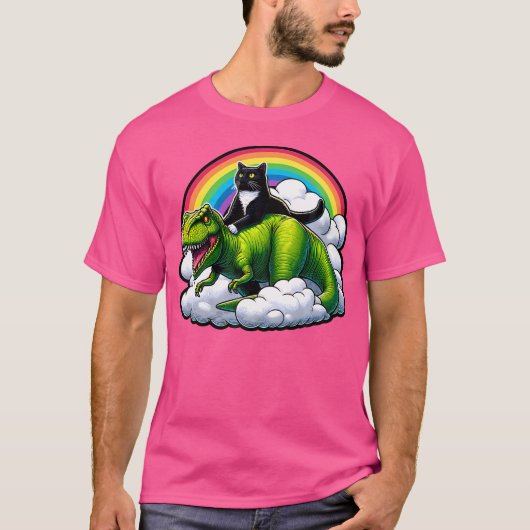 Black Cat Riding Dinosaur T Rex Regenboog Wolken F T-shirt (Voorkant)
