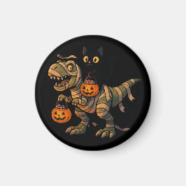Black Cat Riding Mummy T-Rex – Cute Halloween Dino Magneet